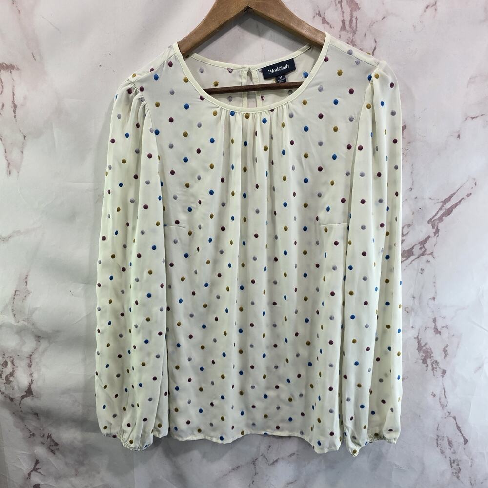 ModCloth Shirt Womens Medium White Rainbow Blouse Dot Embroidered Mod Cloth